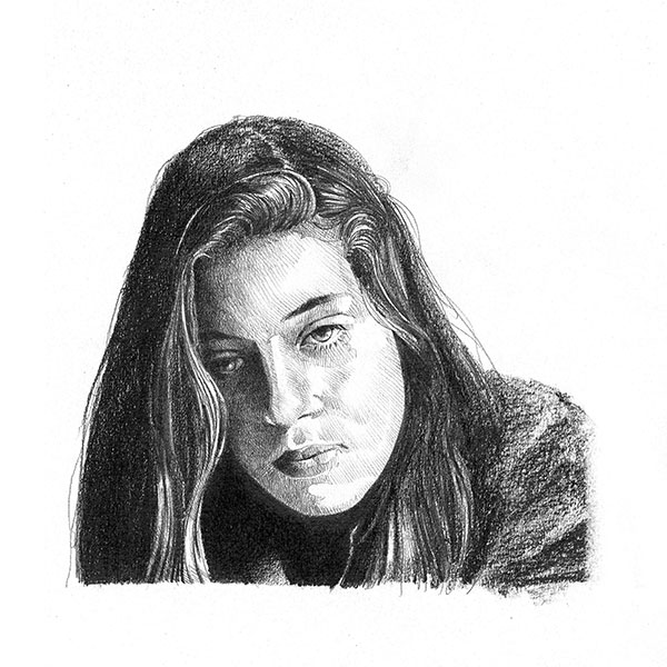 Portrait de Natalia, jeune fille de 15 ans, réalisé au crayon en noir et blanc