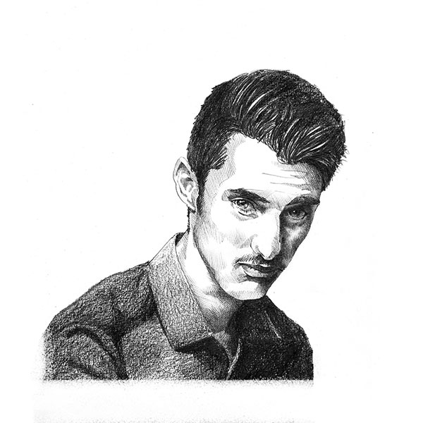 Portrait d'Omar, jeune garçon de 17 ans, réalisé au crayon en noir et blanc