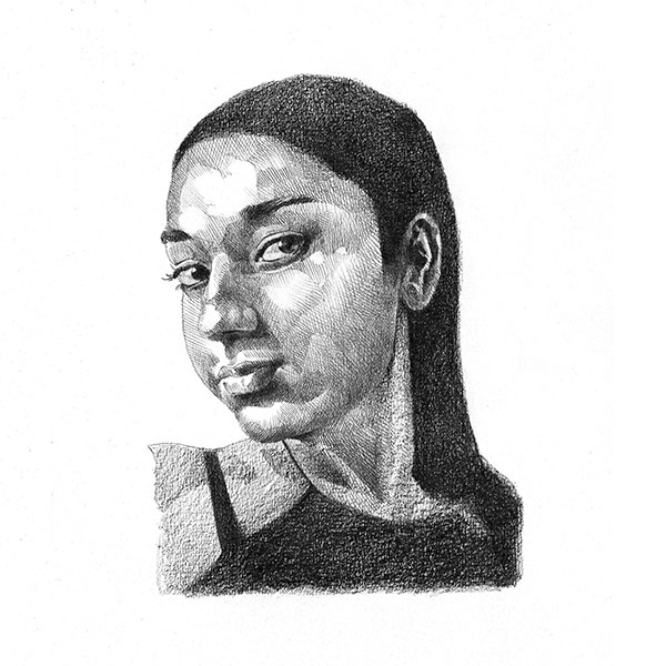 Portrait de Samira, jeune femme de 25 ans, réalisé au crayon en noir et blanc